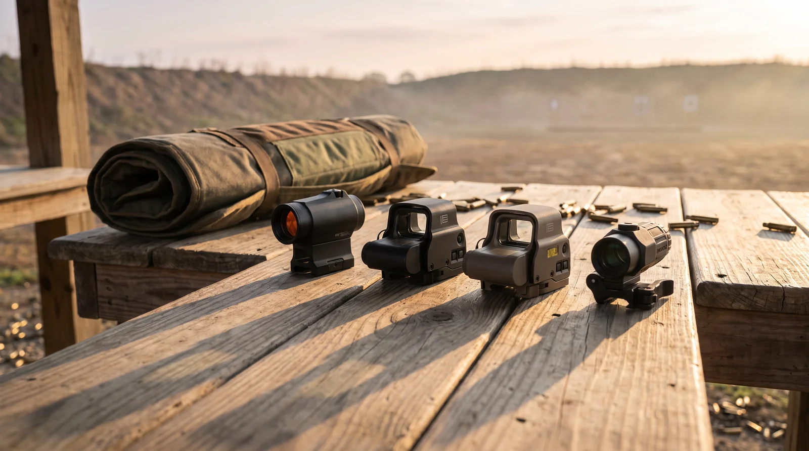 Four rifle optics lined up on a wooden range bench at sunrise: a tubular red dot, two square holographic sights, and a flip-to-side magnifier, with a rolled shooting mat and spent brass behind them