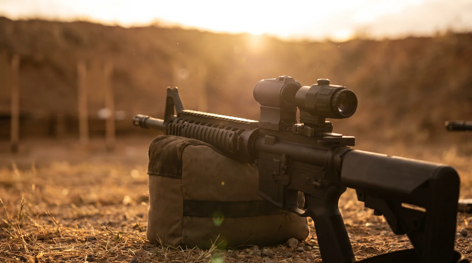 An AR-15 carbine resting on a canvas shooting bag at an outdoor range, a red dot sight and flip-to-side magnifier mounted in line on the receiver rail, backlit by the setting sun