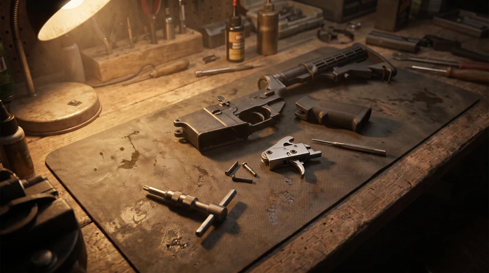 An AR-15 lower receiver open on a workshop bench mat with the pistol grip removed, a drop-in trigger cassette and anti-walk pins laid out beside it next to a punch and torque driver