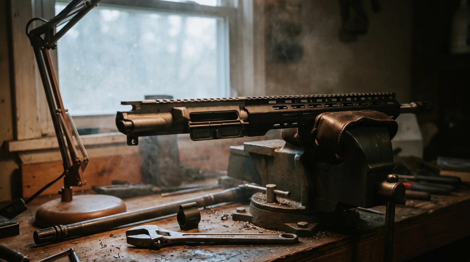 A partly assembled AR-15 upper receiver clamped in a padded bench vise, with an M-LOK handguard slid onto the barrel nut and a gas block, barrel and armorer's wrench on the bench below