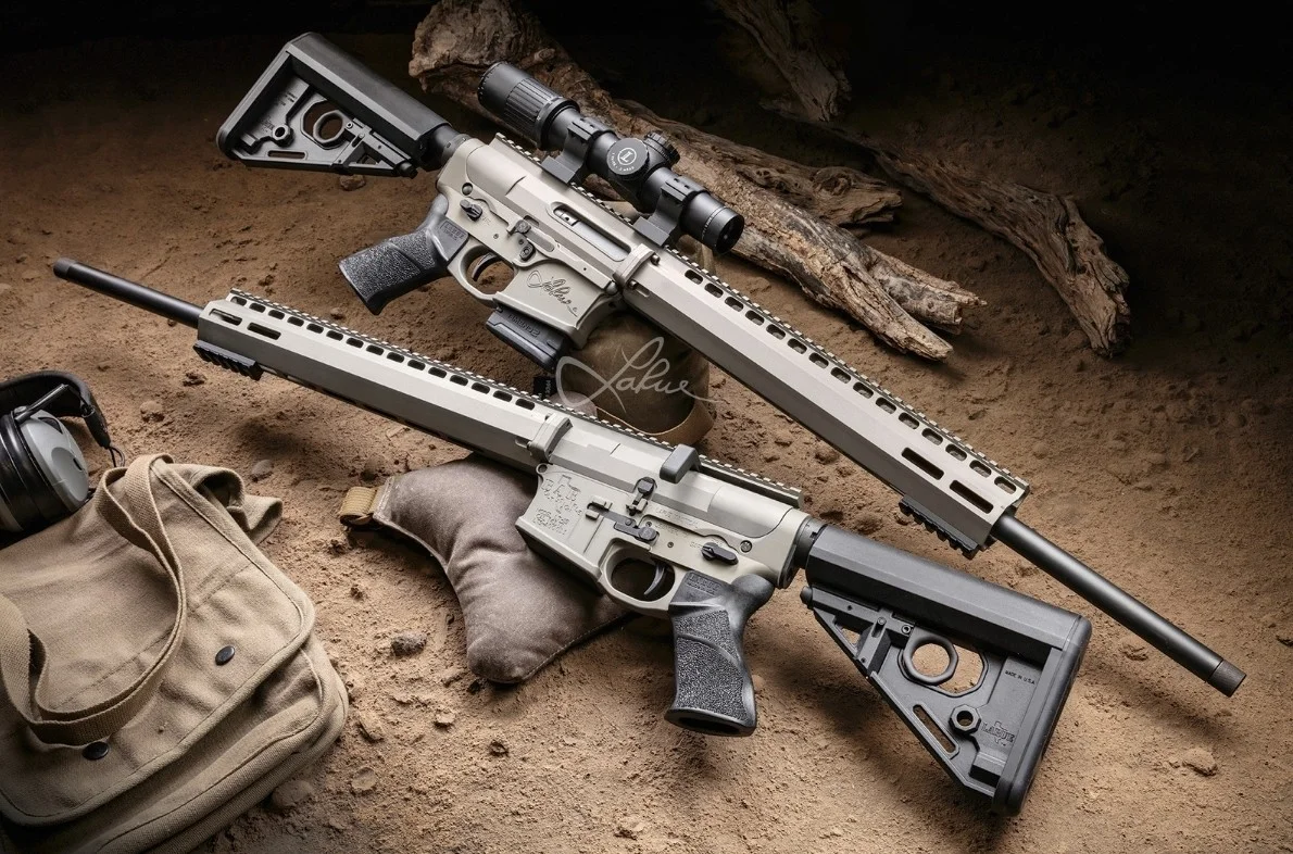 LaRue Tactical BAR*NONE bolt-action rifles, Small Block and Big Block configurations, on sandbags in a field setting
