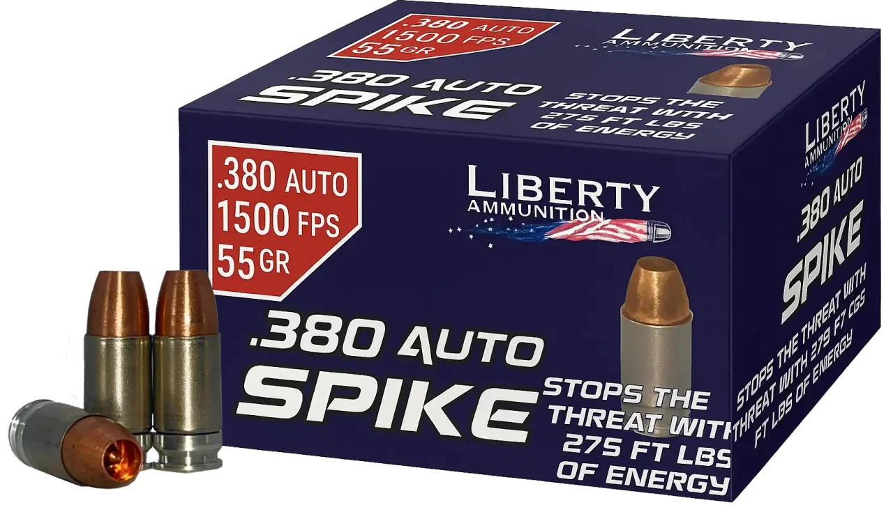 Liberty Ammunition SPIKE 2.0 .380 ACP brass-cased ammunition box with copper hollow point bullets