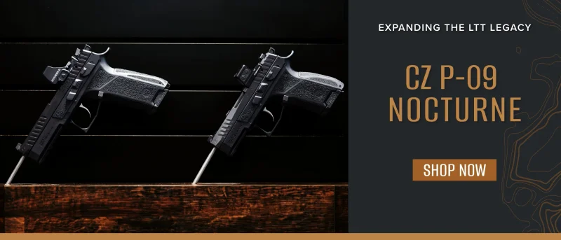 Langdon Tactical CZ P-09 Nocturne pistols equipped with red dot optics shown side by side in promotional photo