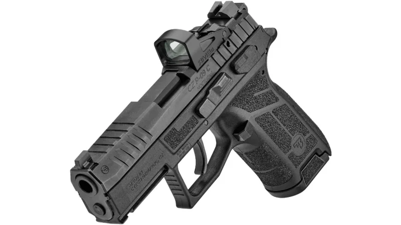 CZ P-09 C Nocturne compact pistol with red dot optic, showing updated grip texture and optic-ready slide cut