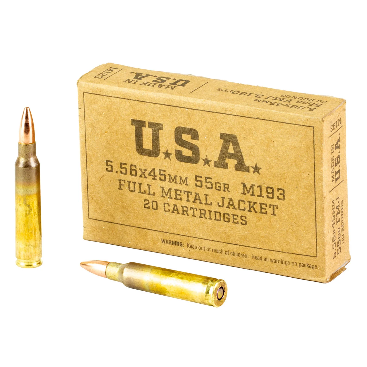 Winchester USA 5.56x45mm 55 grain M193 full metal jacket ammunition box with two cartridges showing plain copper bullet tips