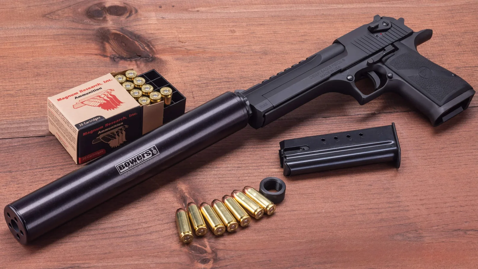 Close-up view of the DE50THR muzzle showing the 49/64-20 threaded 6-inch black carbon steel barrel