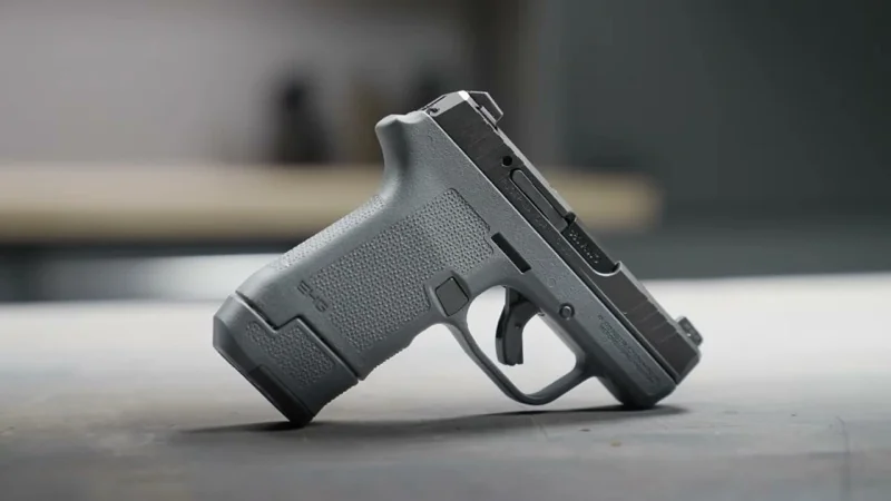 Side profile detail of the higher beavertail on the Magpul EHG RG380 grip for the Ruger LCP MAX, preventing slide bite under recoil
