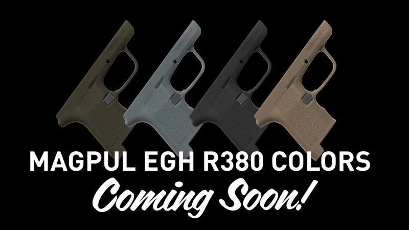 Four colorway options for the Magpul EHG RG380 standalone grip module: Black, Flat Dark Earth, Olive Drab Green, and Stealth Gray