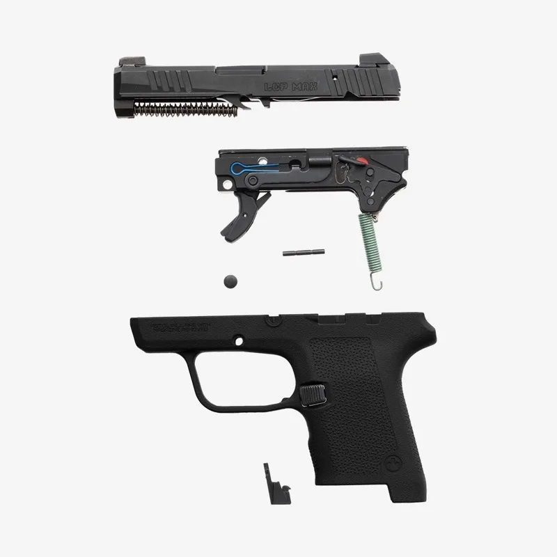 Exploded view of the Ruger LCP MAX Manual Safety disassembled into the slide assembly, fire control group with reversible mag release and grip plug, and the new Magpul EHG RG380 grip frame in black