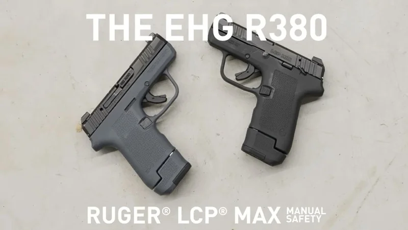 Two Ruger LCP MAX pistols side by side, the LCP MAX Manual Safety on the left with the gray Magpul EHG RG380 grip and the standard LCP MAX on the right with factory black grip