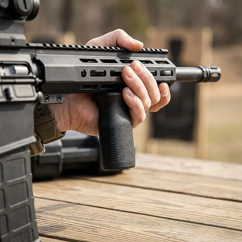 A shooter holding an AR-15 equipped with a Magpul M-LOK vertical grip on the handguard