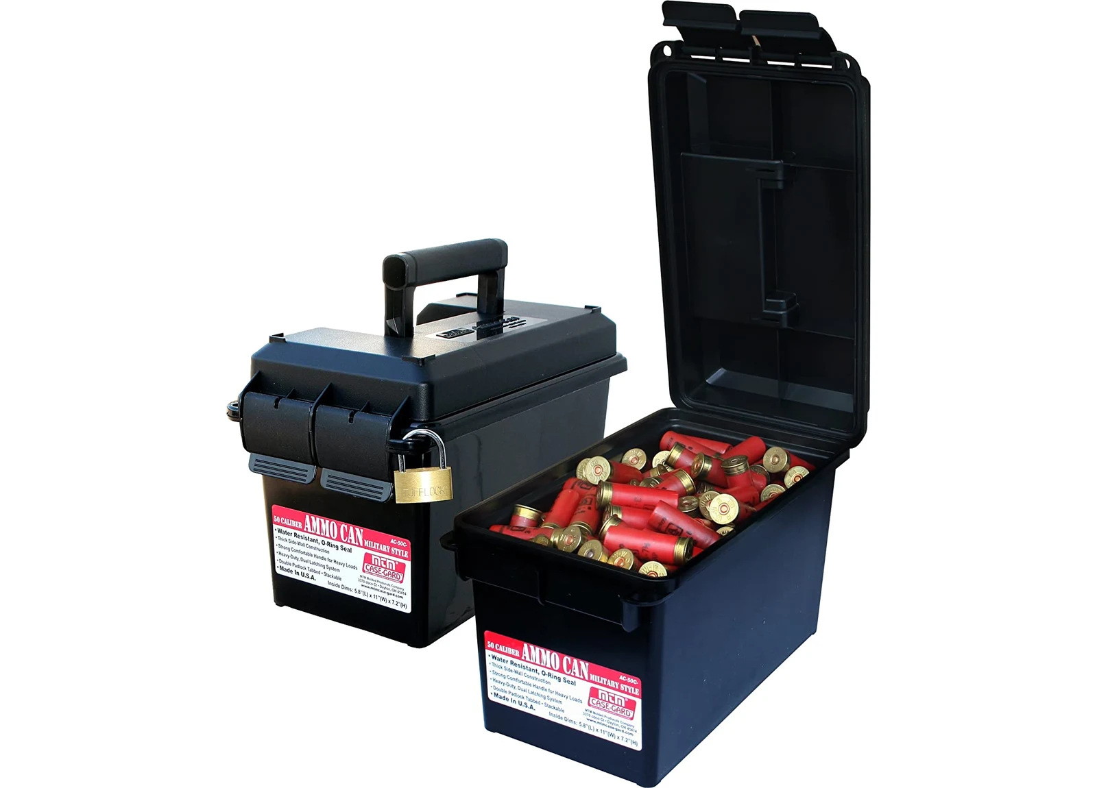 Two black MTM AC50C polymer ammo cans, one closed with a brass padlock through the padlock tab and one open filled with loose 12 gauge shotshells