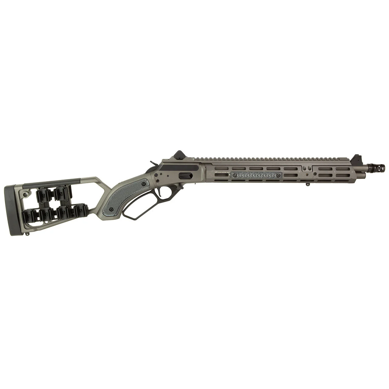 Marlin Mad Pig Customs 1894 left profile showing the full-length Picatinny rail, ghost-ring sights, adjustable Midwest Industries stock, and large-loop lever