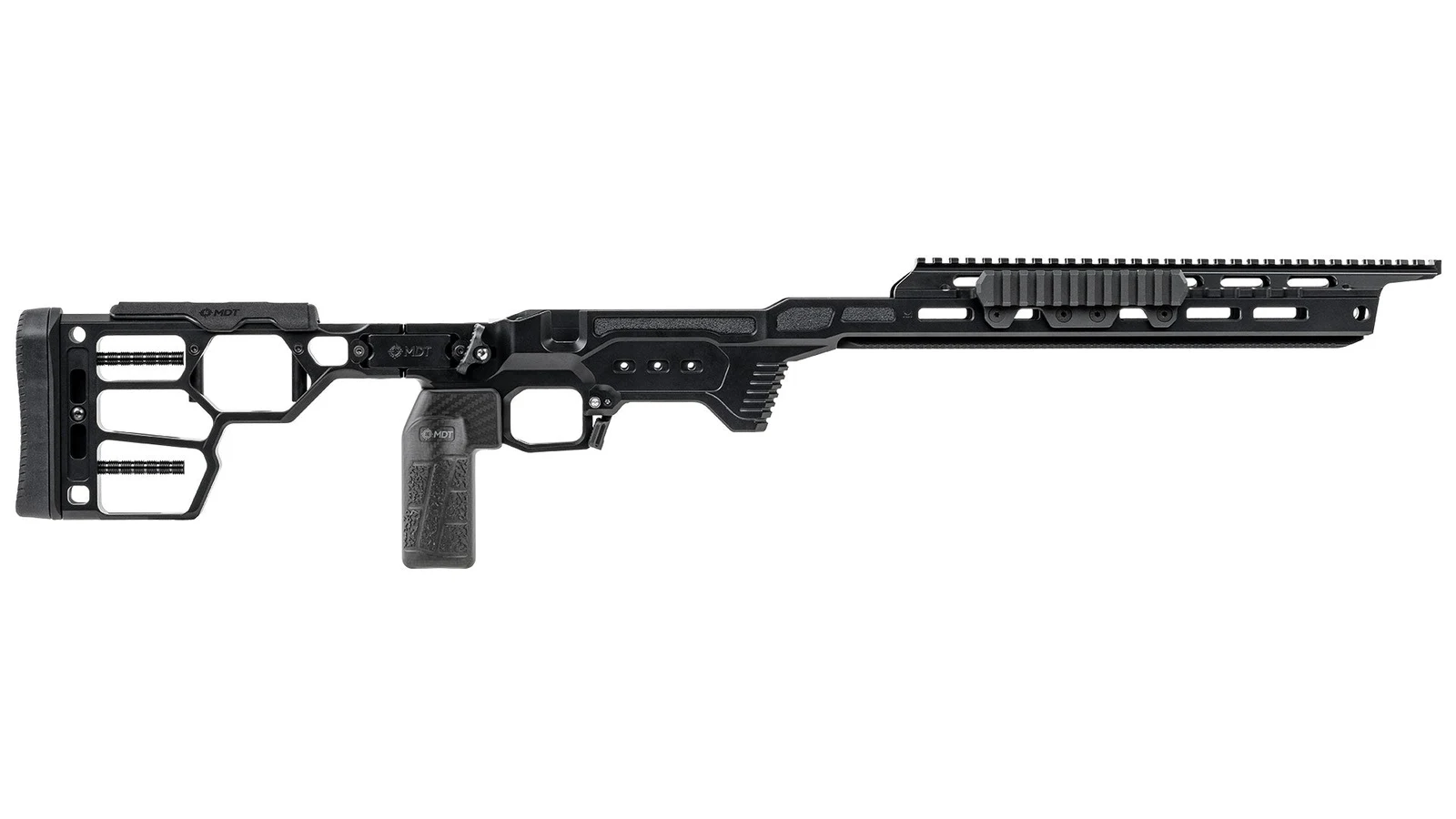 MDT DRT Chassis System in black, right side profile, showing the skeletonized folding buttstock, carbon fiber grip, and NV bridge over the forend