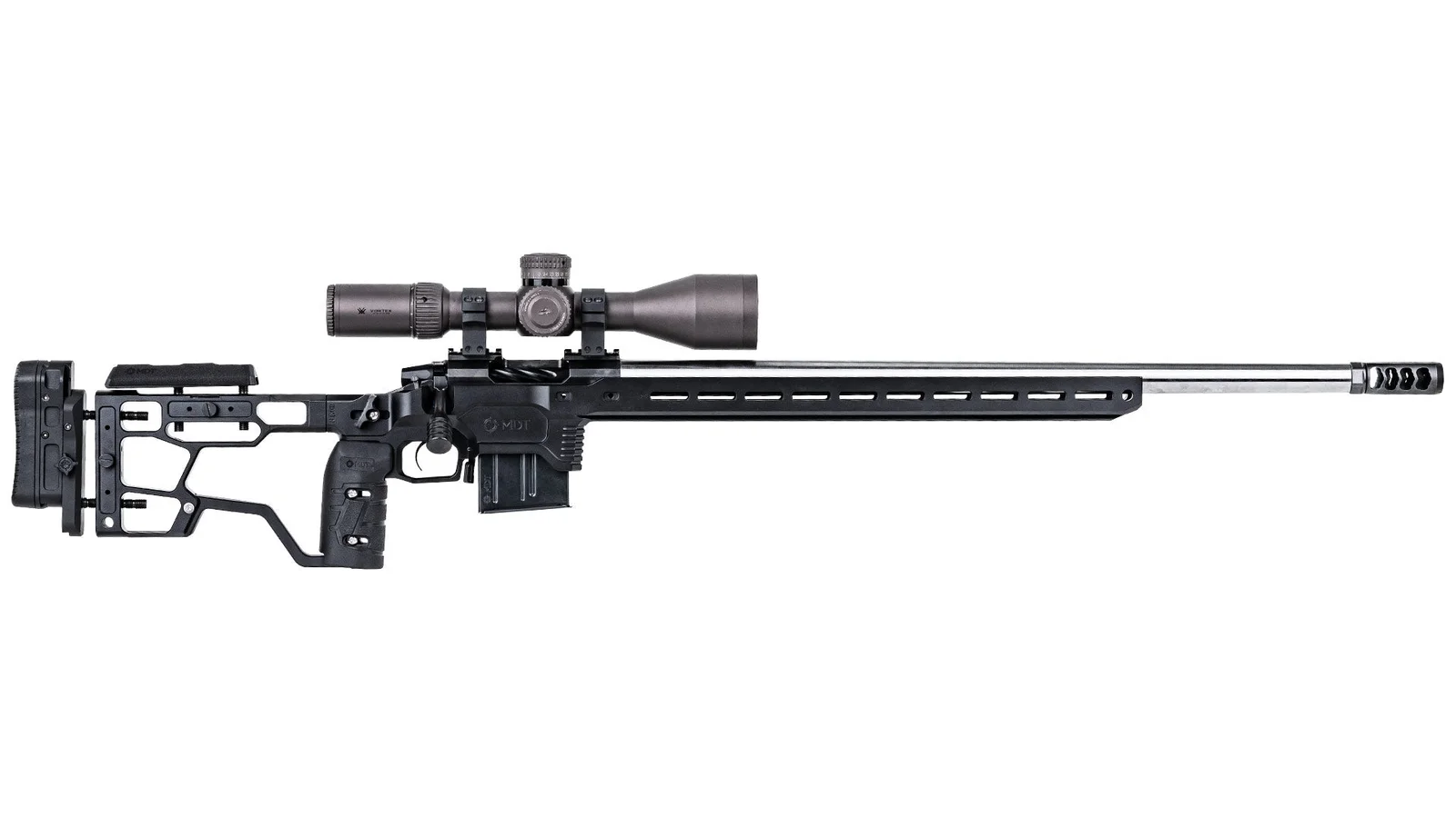 Full side profile of an MDT chassis rifle showing the long M-LOK forend where the Rifle Control Points mount