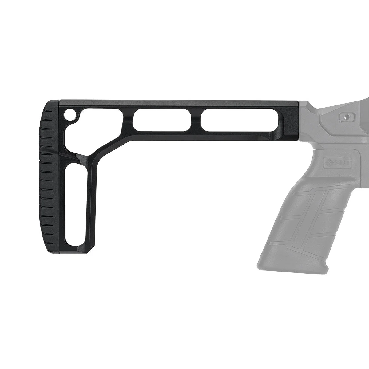 Side profile of the black MDT Stalker Core buttstock showing the skeletonized I-beam body and narrow buttpad