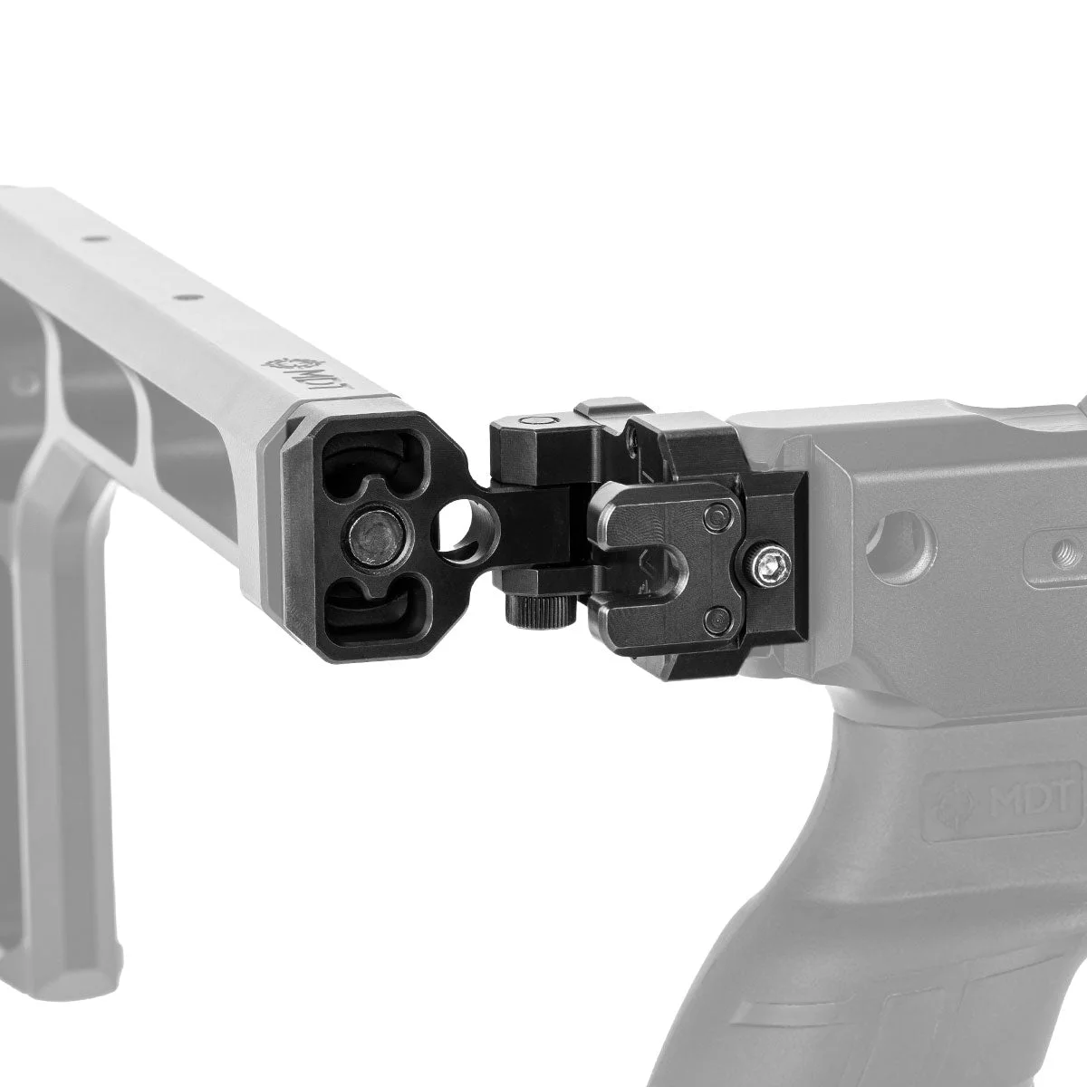 MDT XTN single-hinge folding adapter shown installed between a chassis rear interface and a buttstock