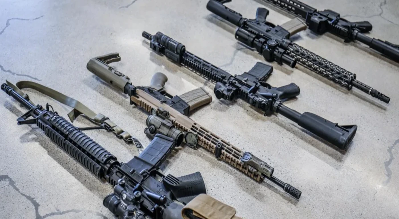 Flat lay of Memorial Day shooting gear deals with ammo, optics, AR parts, and range equipment