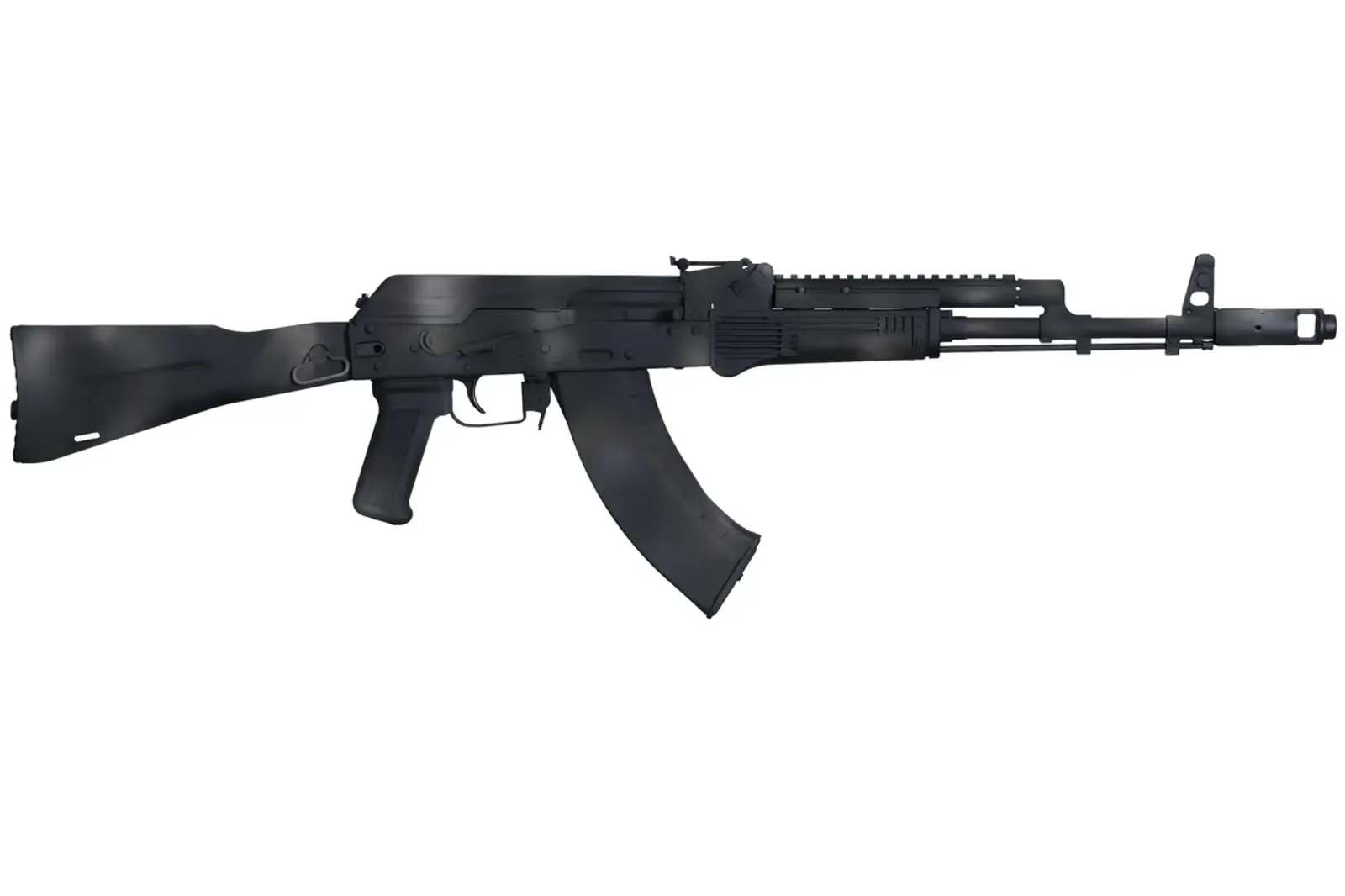 Meridian Defense Trench-103 rifle in Midnight Varan black Cerakote, right-side profile with the folding stock deployed