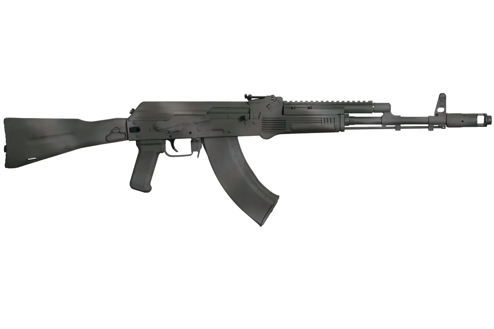 Meridian Defense Trench-103 rifle in Steppe Ghost green Cerakote, right-side profile showing the hand-painted disruption pattern across the stock, handguard, and magazine