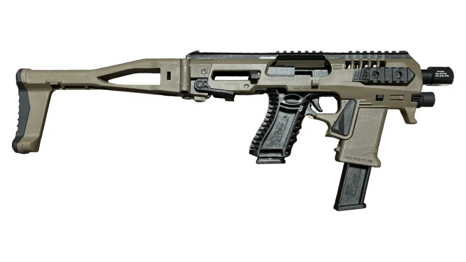 Flat Dark Earth Micro Roni Gen 4X chassis with a Glock locked inside, folding stock extended and spare magazine in the chassis mag holder