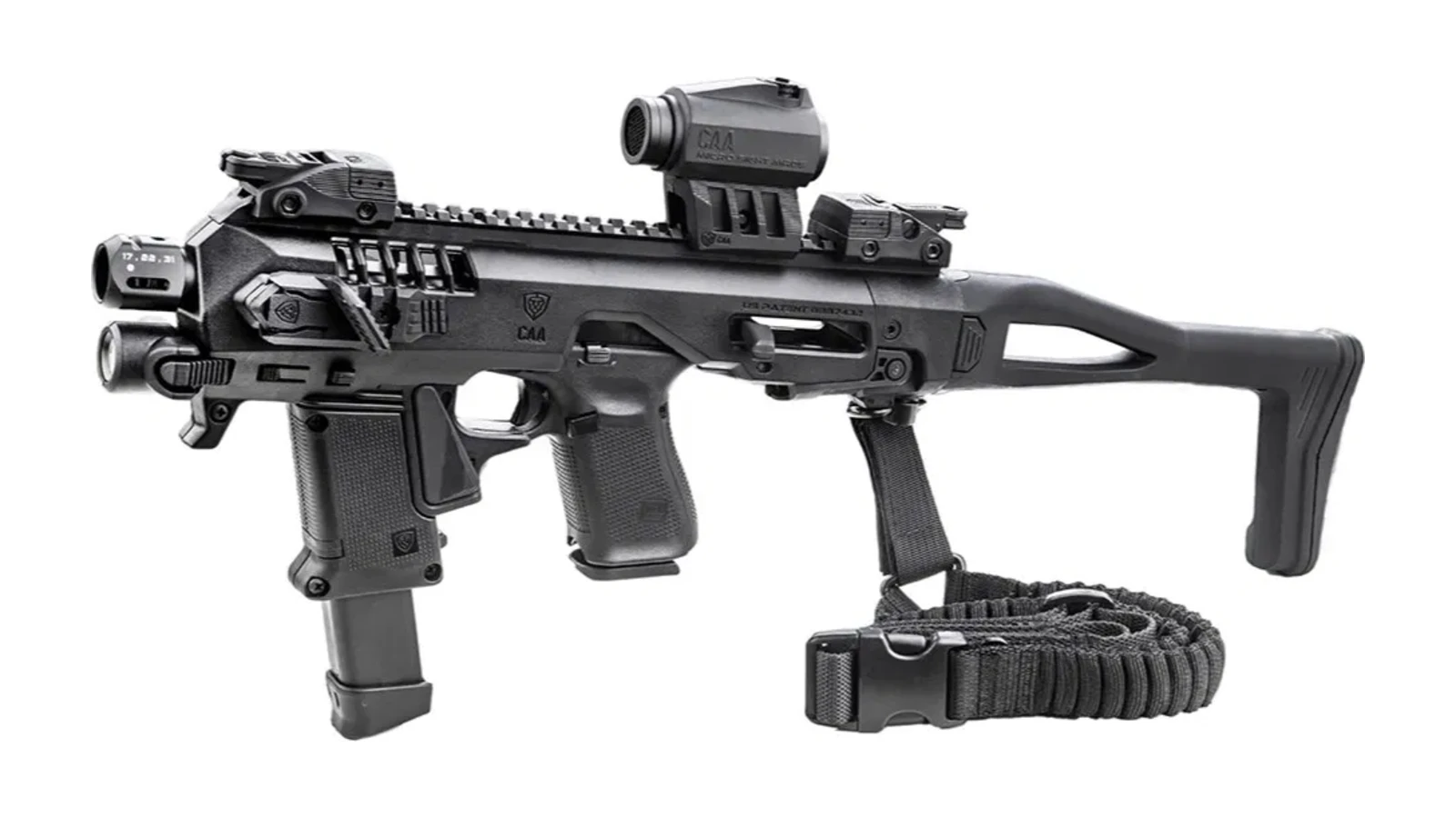 Black Micro Roni Gen 4X chassis fitted out with a red dot on the top rail, a weapon light, folding front grip, magazine holder, and a bungee sling