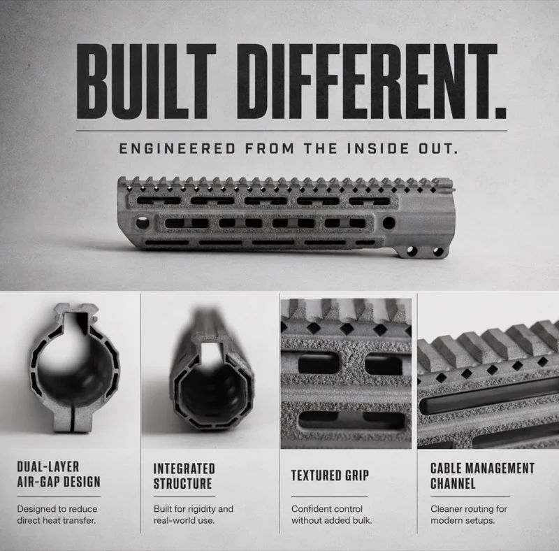 Mitchell Defense DualCool CP1 cross-section showing the dual-layer air-gap construction, integrated structure, textured grip surface, and cable management channel