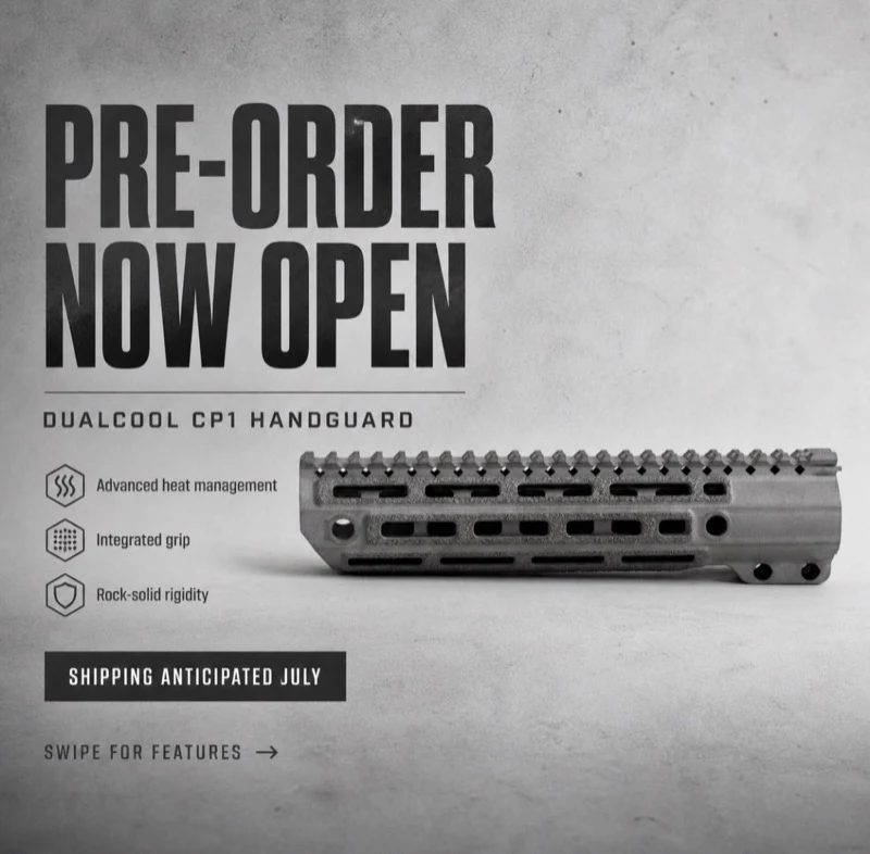 Mitchell Defense DualCool CP1 pre-order announcement graphic with the standard handguard in profile, advanced heat management, integrated grip, and rock-solid rigidity callouts, and a July shipping window