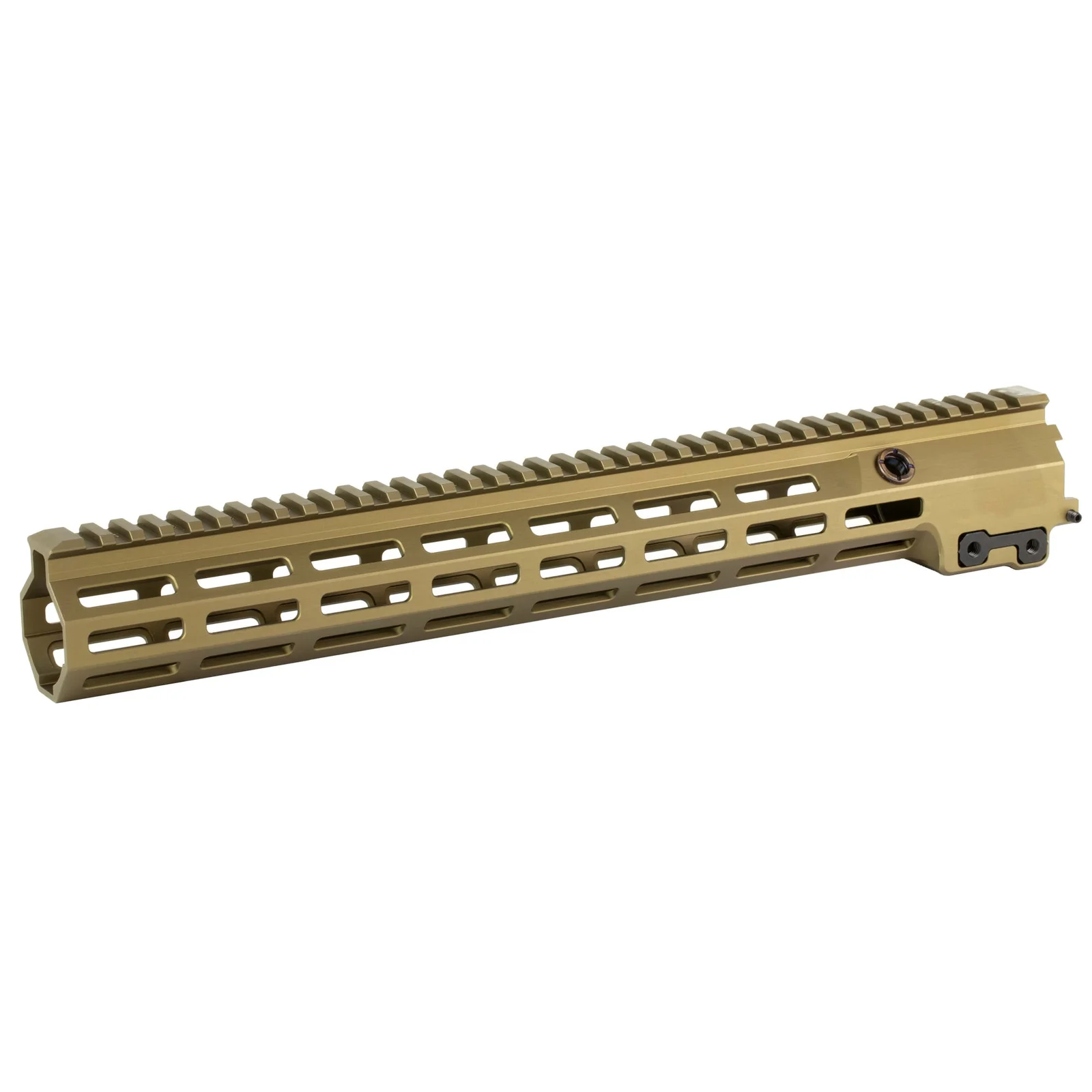 Flat dark earth free-float AR-15 handguard with M-LOK oblong slots along the side and a full-length Picatinny top rail