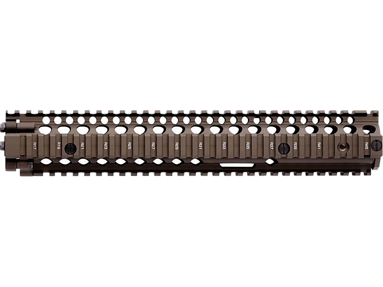 Flat dark earth Picatinny quad rail handguard with numbered rail slots from R17 to R45