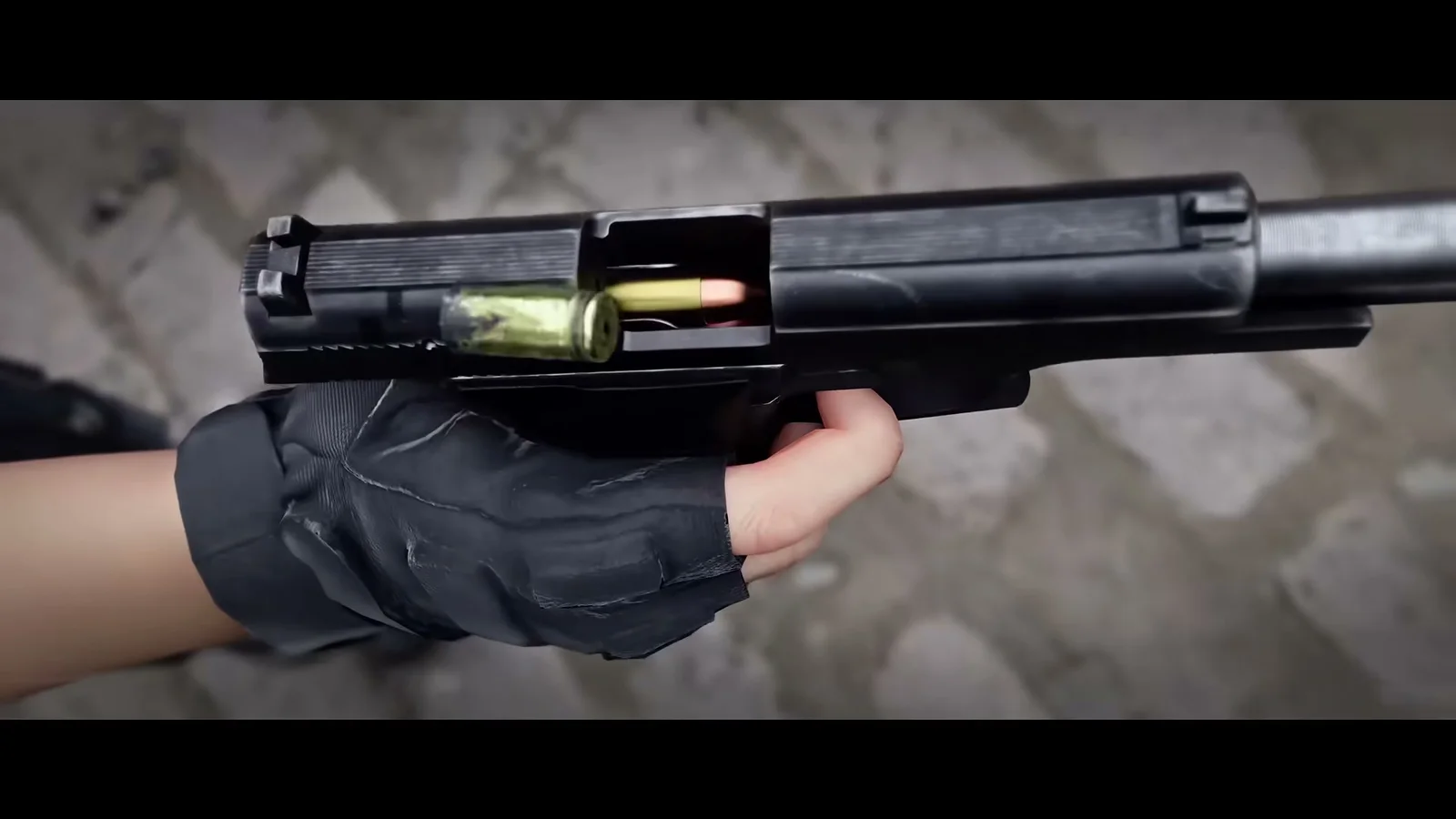 Suppressed Daewoo K5 pistol cycling in the hands of a North Korean officer in the Modern Warfare 4 reveal trailer