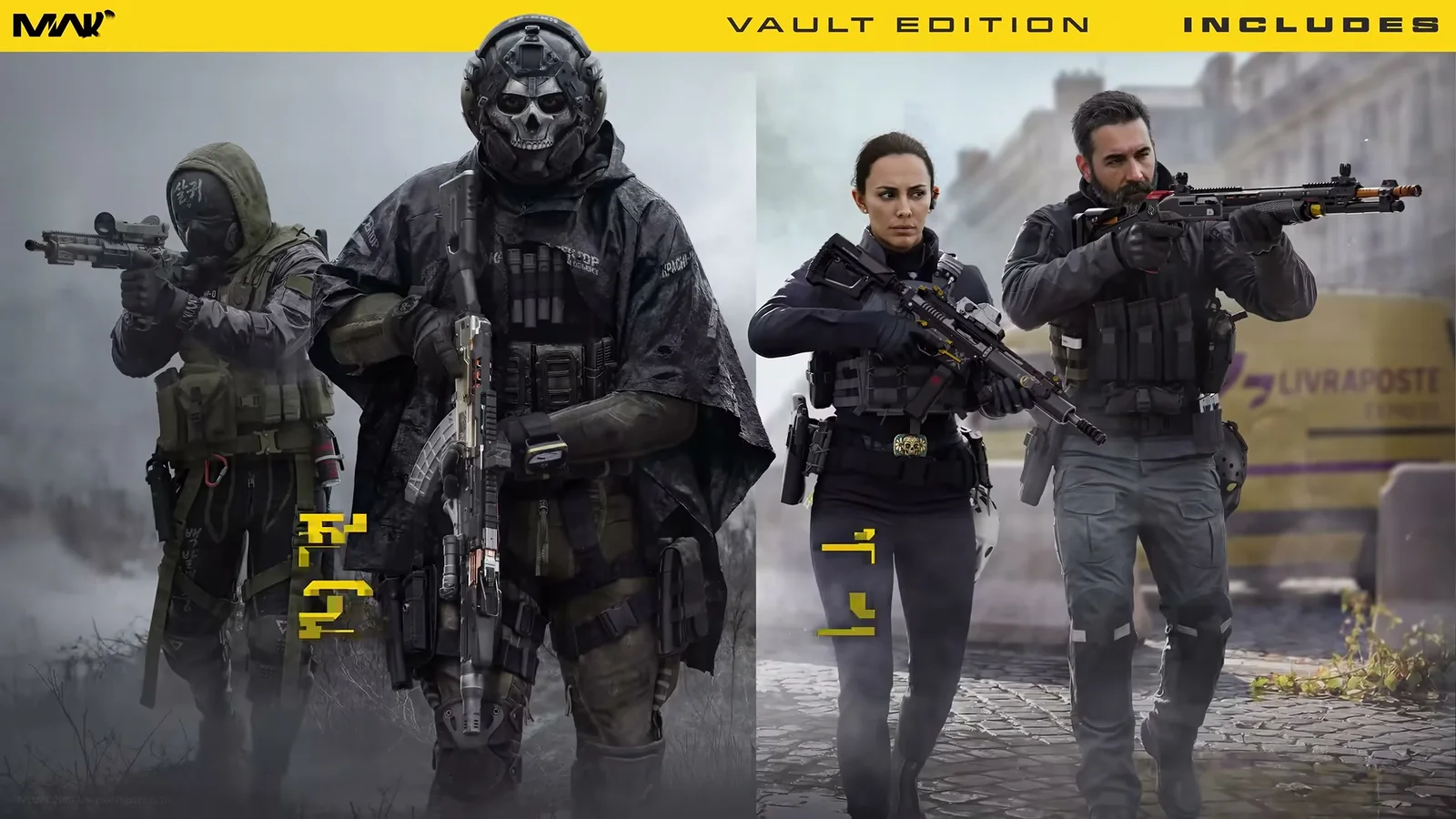 Modern Warfare 4 Vault Edition artwork showing Blix with the Oris 8.6, Ghost with the Kastov 762, Valeria with the ISO Nightshade, and Price with the Rezi 12