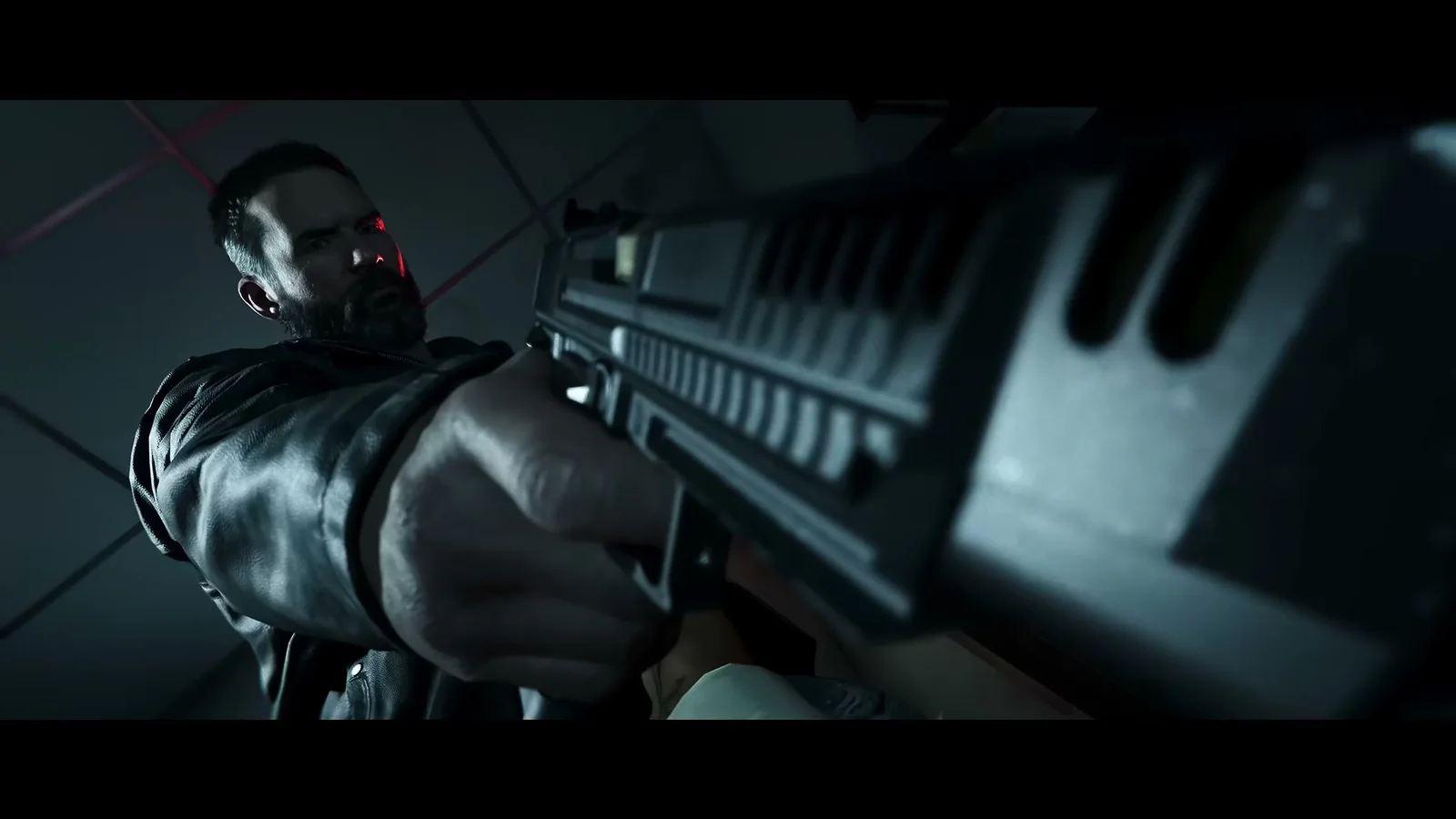 Extreme close-up of a likely pistol with a wide vented upper during a struggle in the Modern Warfare 4 reveal trailer