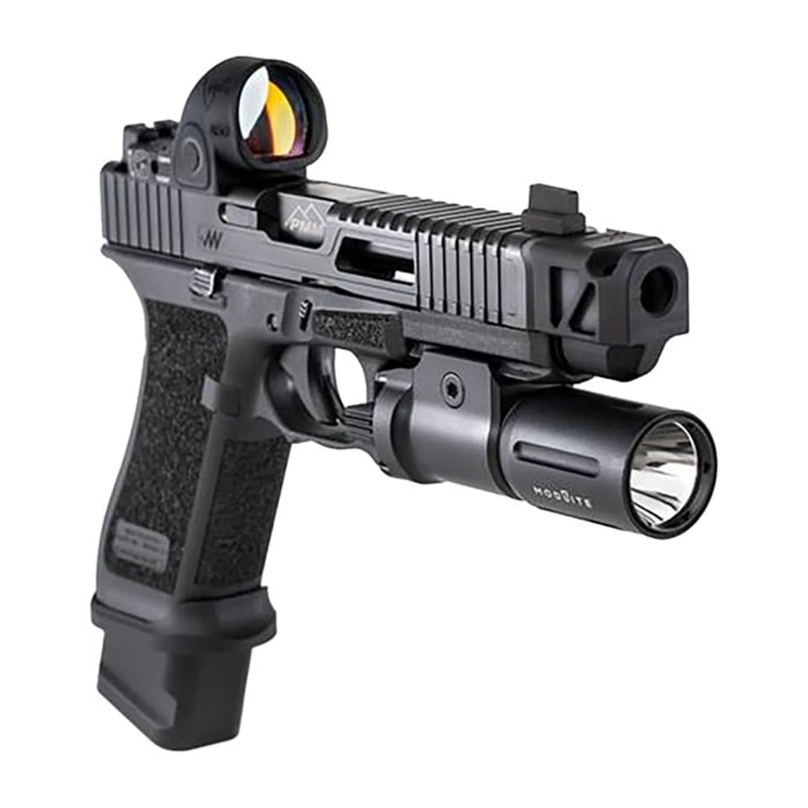 Modlite PL350 mounted to the accessory rail of a Glock-pattern pistol fitted with a compensator, slide-mounted red dot, and extended magazine base pad