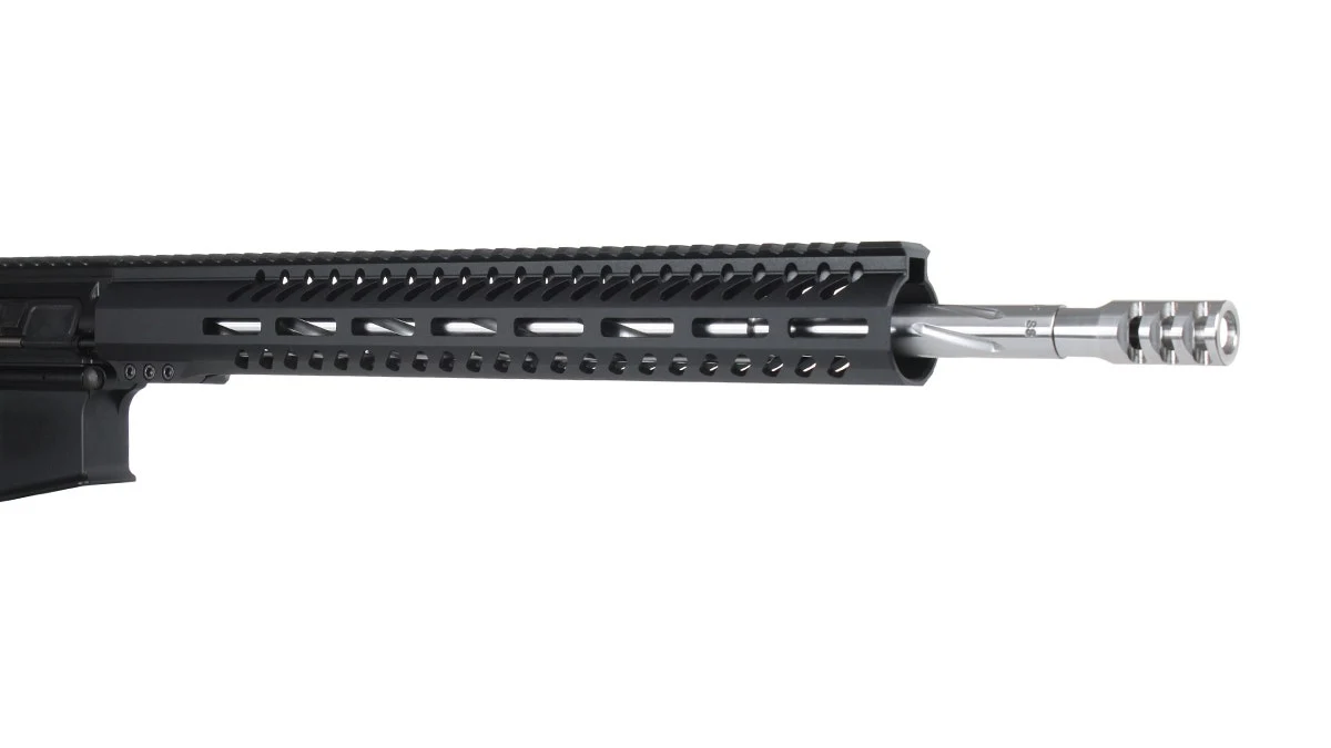 Close-up of the Moore Precision Arms MPA-1087 handguard, fluted barrel, and muzzle brake