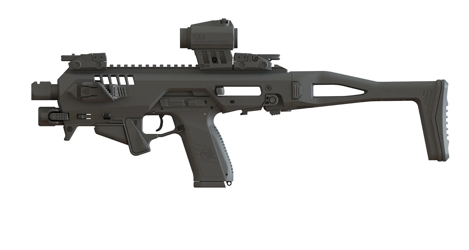 Micro Roni Gen 4X conversion kit with red dot sight and flip-up iron sights on a white background