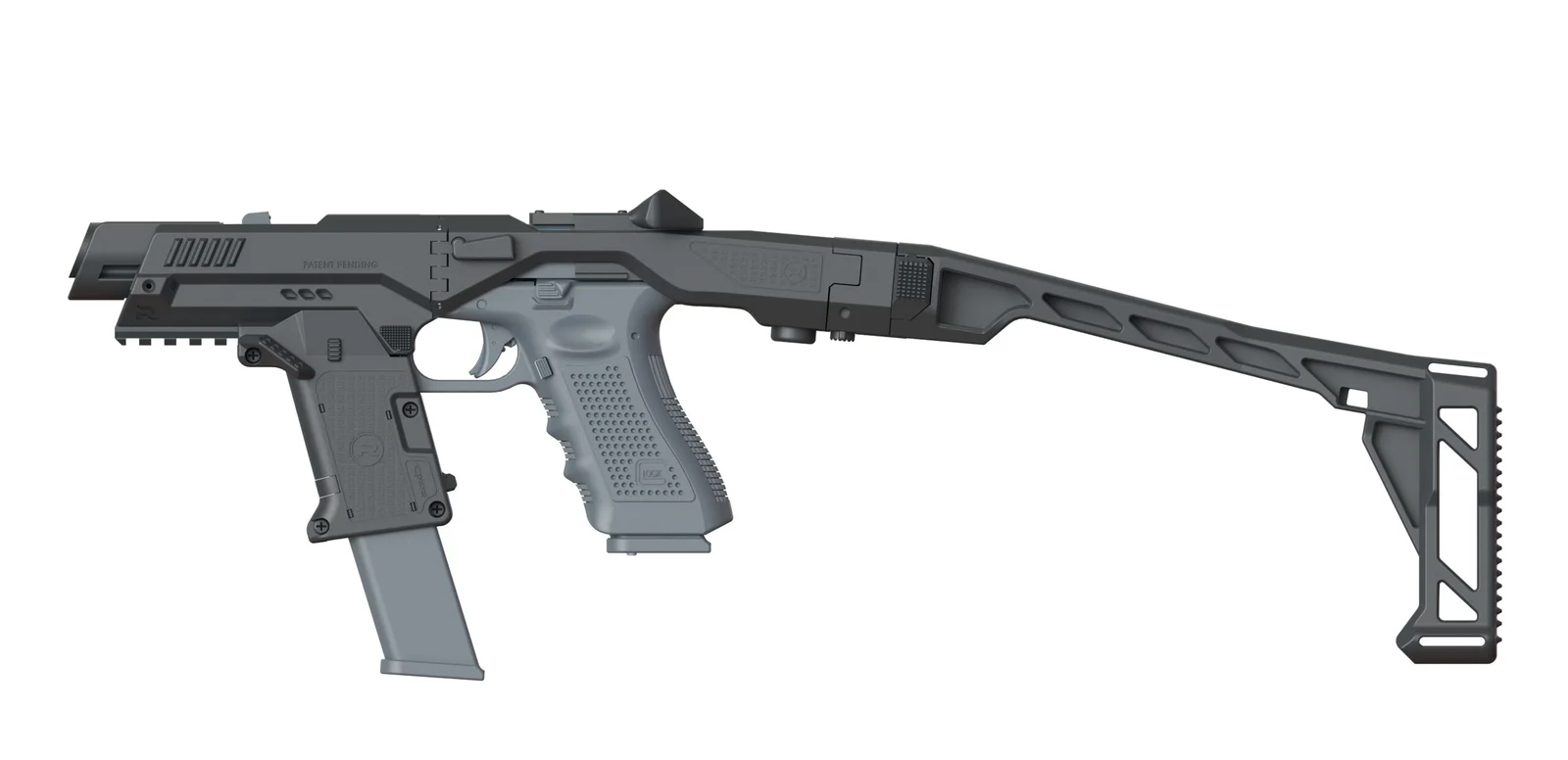 Render of the Nano Roni minimalist chassis with a Glock pistol inserted, showing the skeletal frame and folding stock