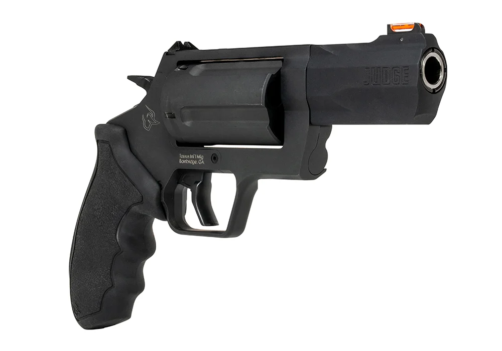 Right side view of the new 2026 Taurus Judge 3-inch matte black model with fiber optic front sight, JUDGE engraving on the barrel shroud, and redesigned ergonomic rubber grip
