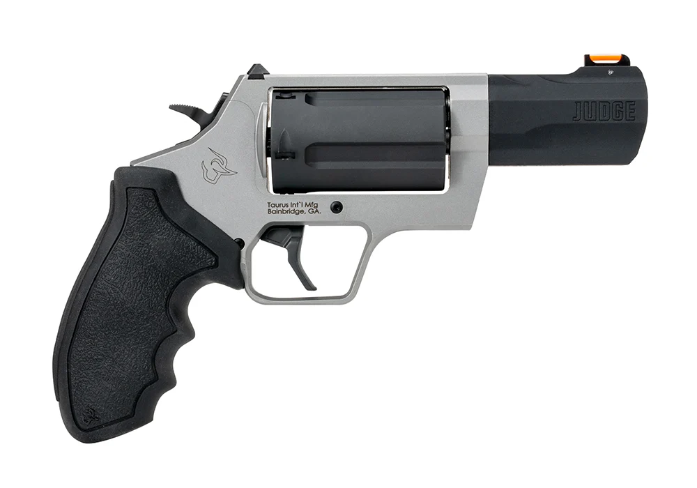 Right side view of the new 2026 Taurus Judge 3-inch stainless and black duo tone model with fiber optic front sight