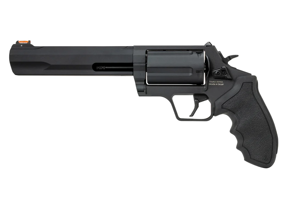 Left side view of the new 2026 Taurus Judge 6.5-inch matte black model showing the skeletonized barrel shroud and adjustable rear sight