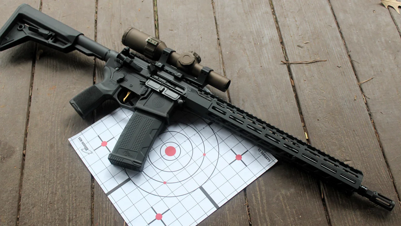 Standard-configuration AR-15 rifle on workbench, side view showing 30-round magazine and collapsible stock