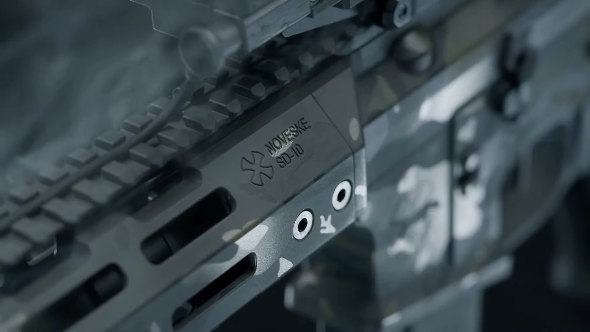 Noveske SD-10 handguard engraving close-up showing logo and M-LOK slots