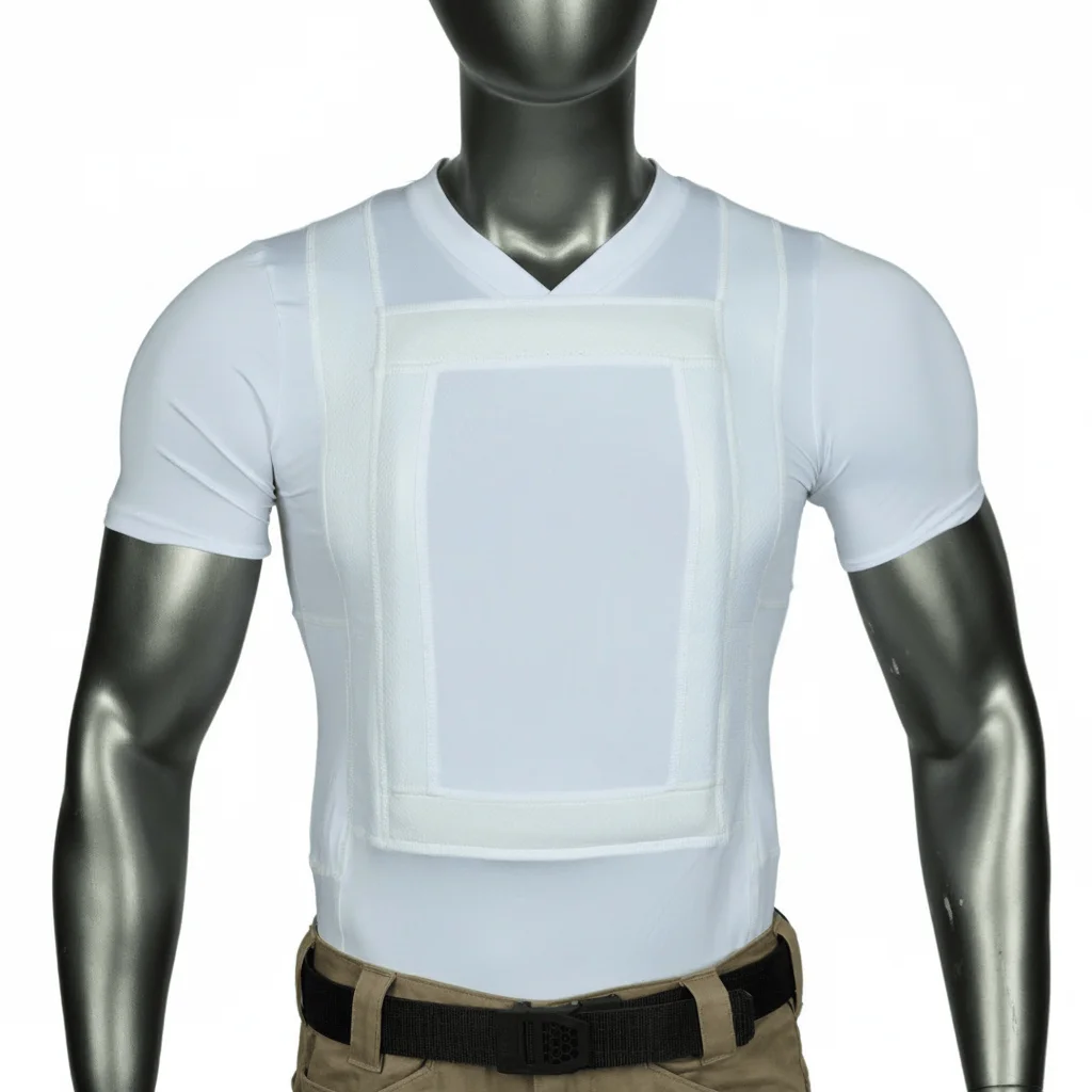 White concealable armor T-shirt on a dark mannequin, with a rectangular front panel pocket for a soft ballistic insert