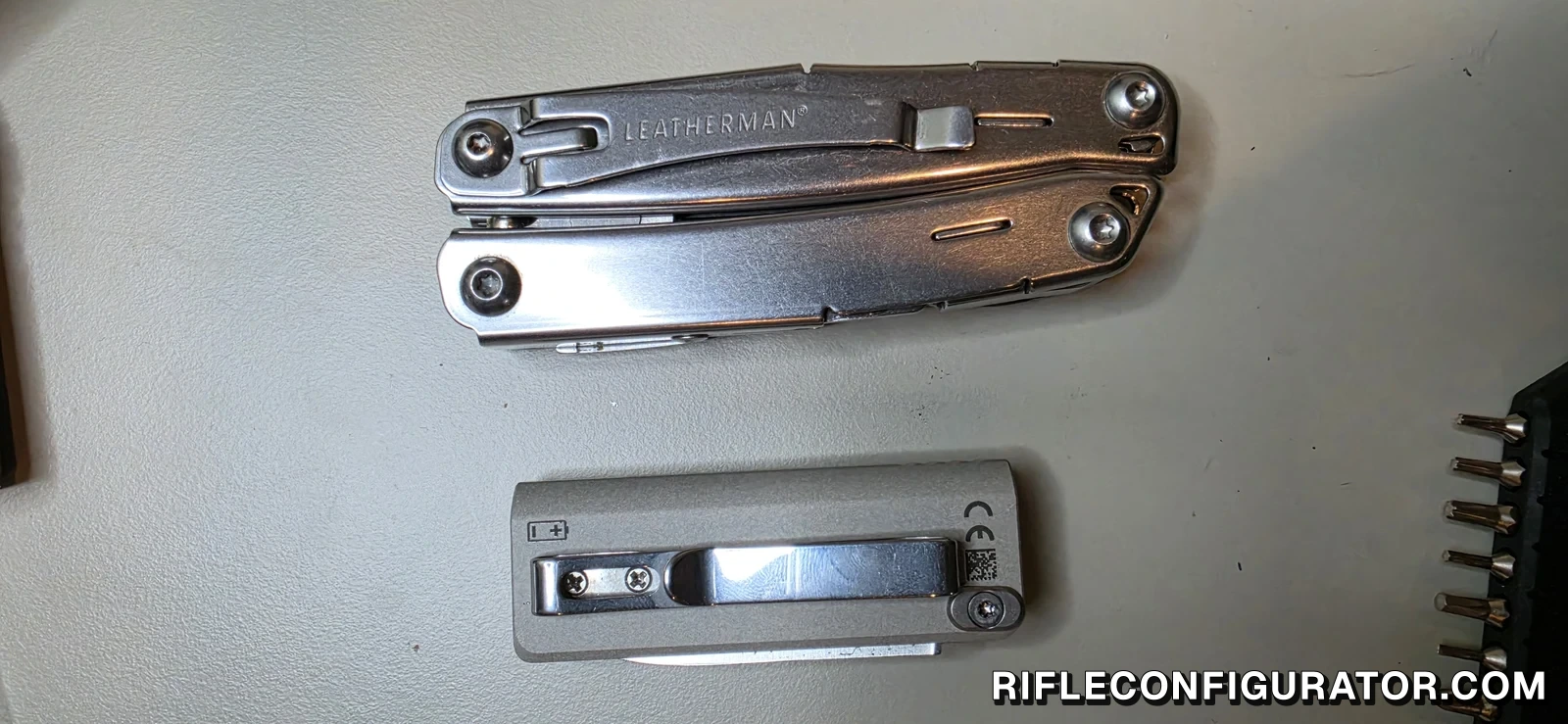 OKNIFE MK clip side below a closed Leatherman Wingman multi-tool