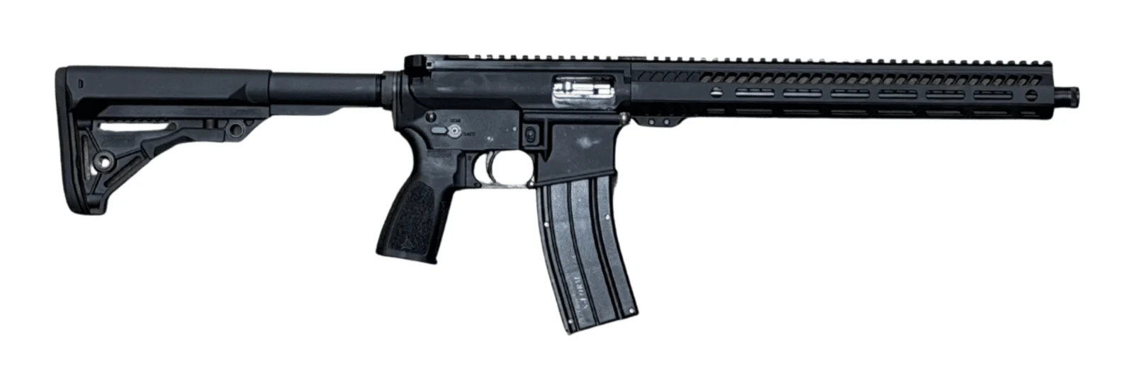 One Horse Express 22 Rifle, a 16-inch .22 LR AR-pattern rifle with M-LOK handguard, collapsible stock, and 25-round rimfire magazine