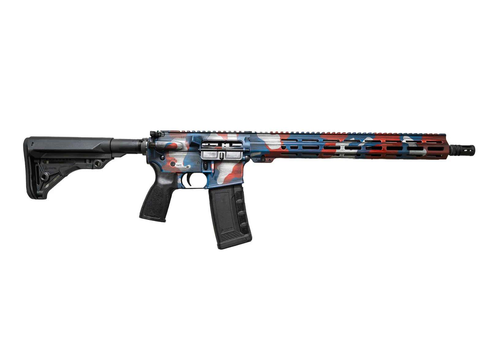 One Horse Express AR-15 in American Camo Cerakote finish, a red, white, and blue pattern over the receivers and M-LOK handguard