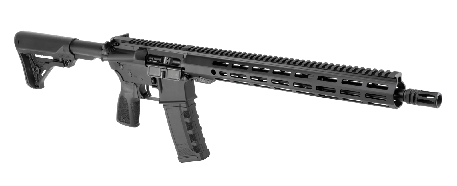 One Horse Express AR-15 right three-quarter view with bolt forward, showing the M-LOK handguard and ambidextrous charging handle