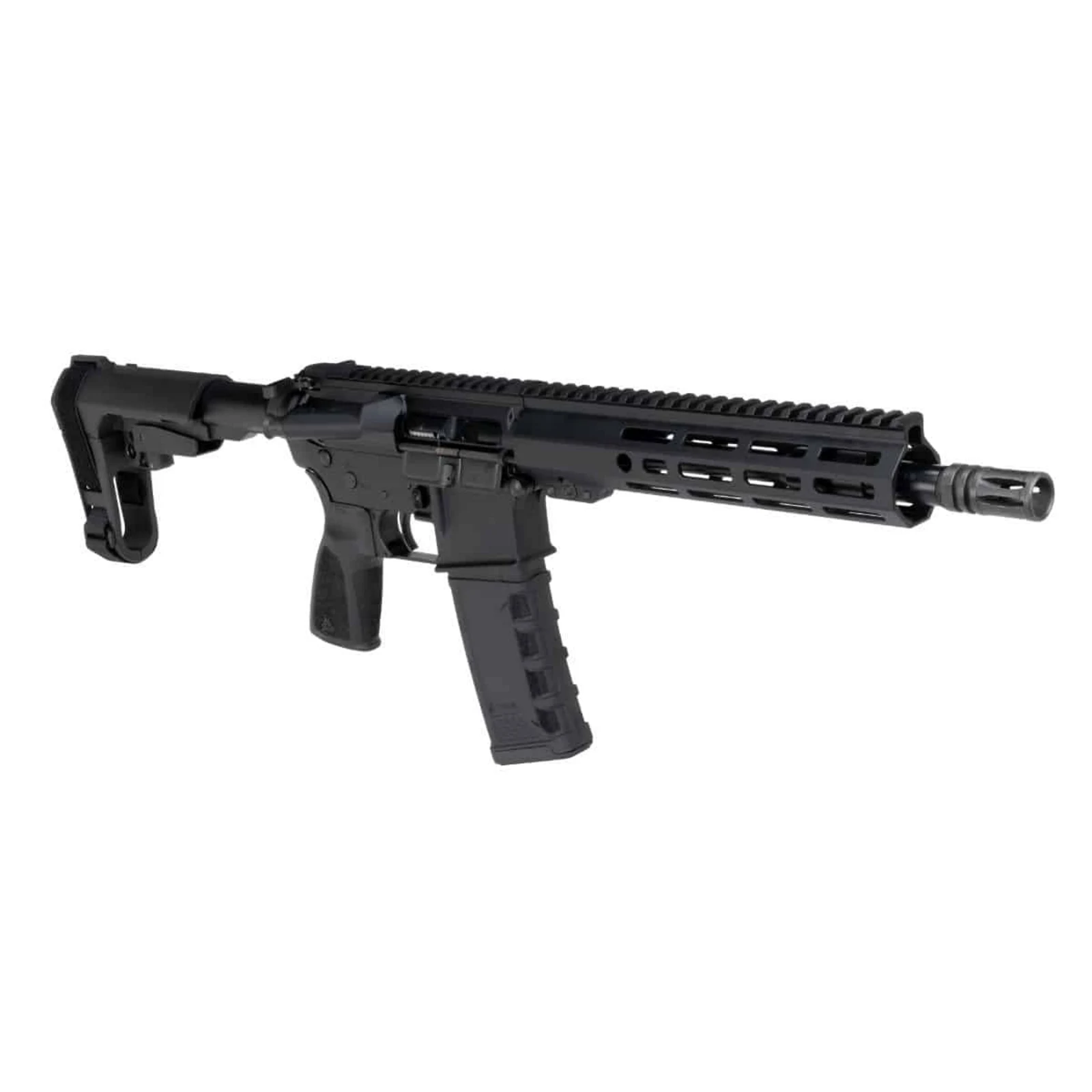 One Horse Express 10.5-inch M-LOK FRS pistol, right-side studio view with SBA3 brace and A2 flash hider