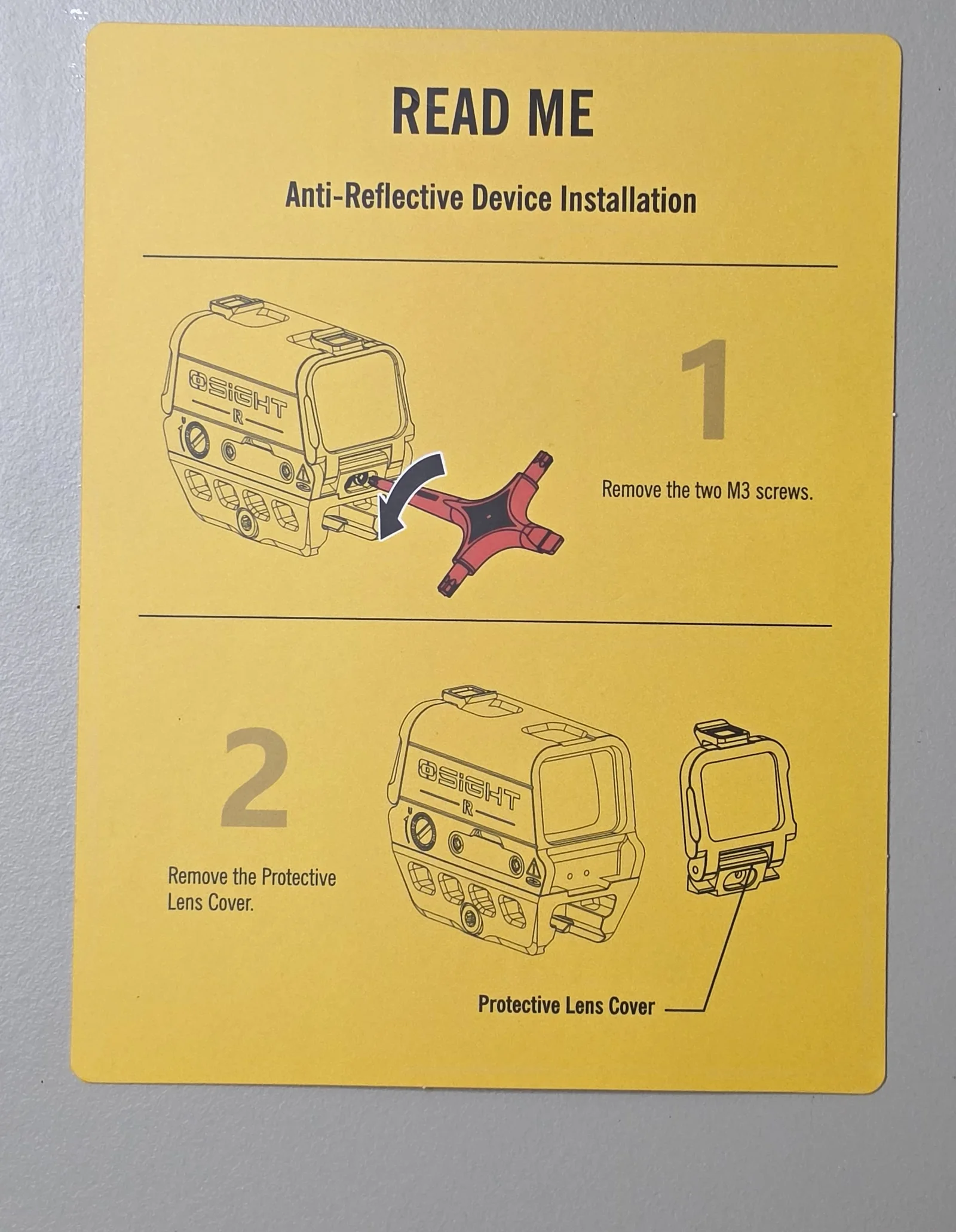 Osight R anti-reflective device installation card, steps one and two: remove the two M3 screws and the protective lens cover