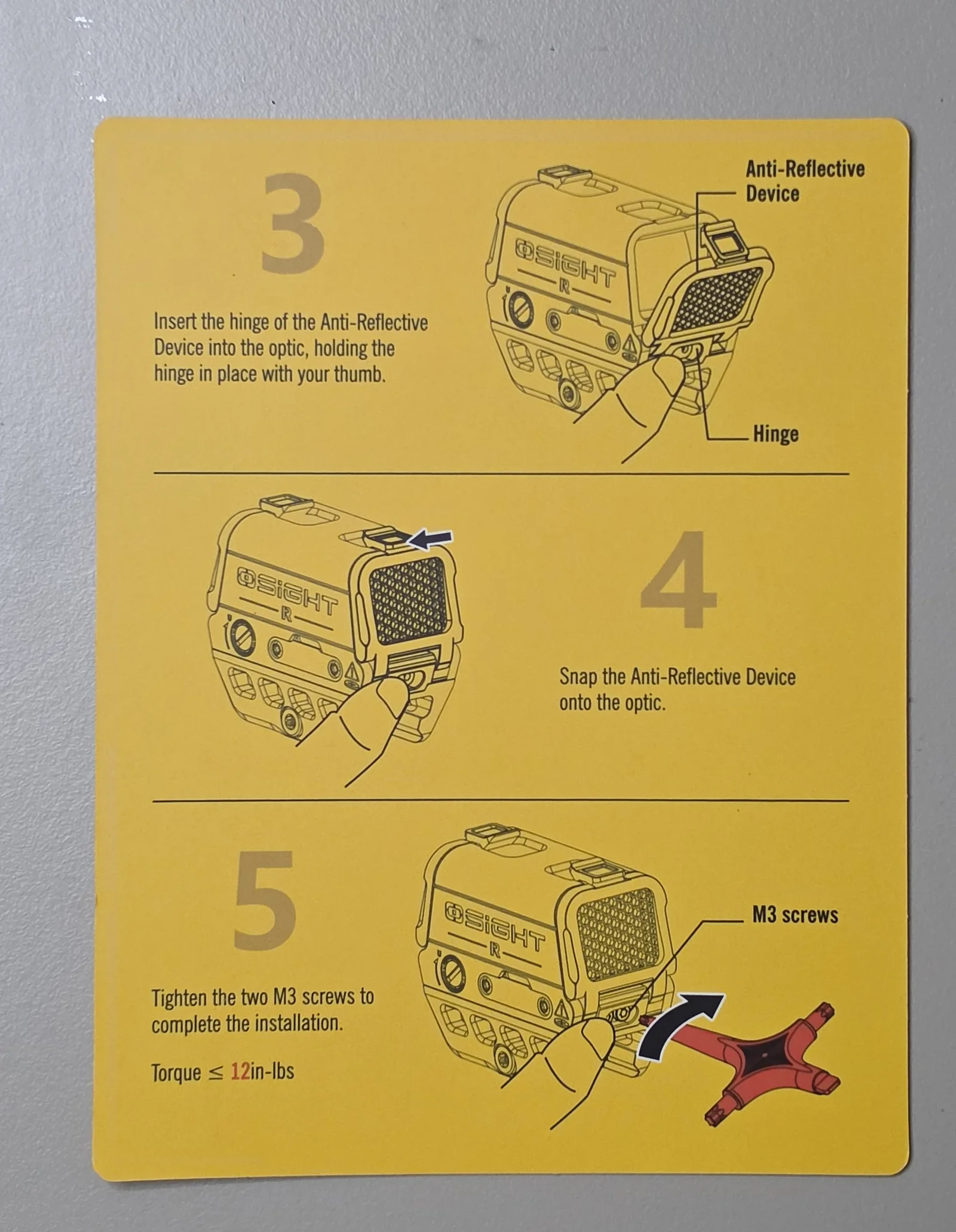 Osight R anti-reflective device installation card, steps three to five: insert the hinge, snap the device on, and tighten the M3 screws to 12 inch-pounds
